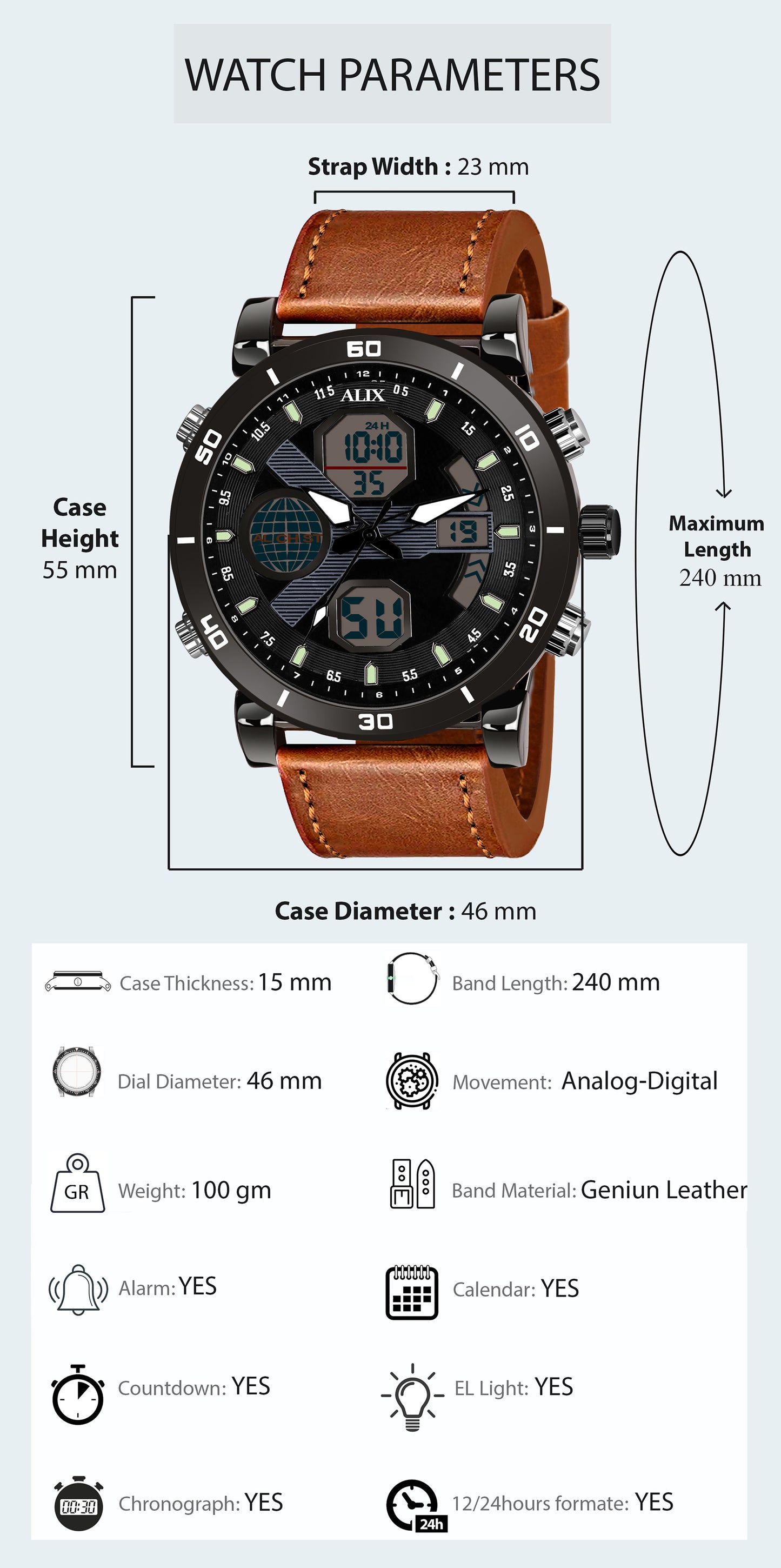 AL3042 Brown leather sports Analog-Digital Watch