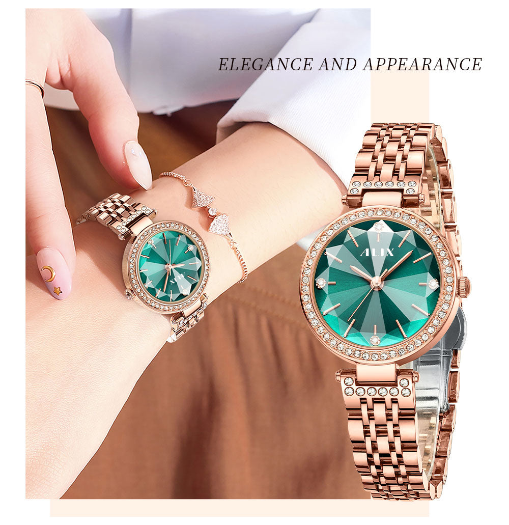 AL2532 Sparkling crystal green facet dial with rosegold strap Analog Watch
