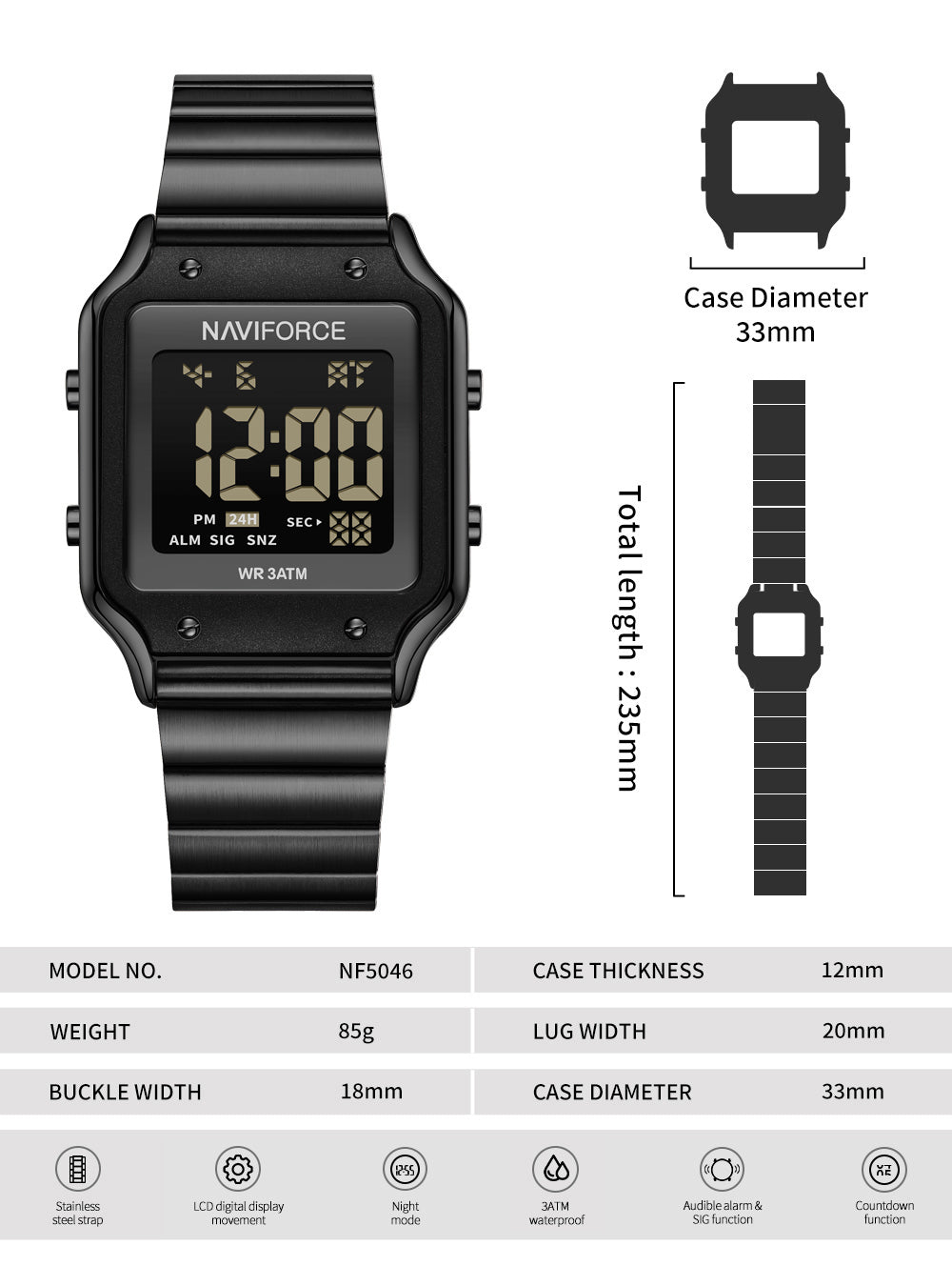 NF5046 Black Large Screen Business Casual Digital Watch