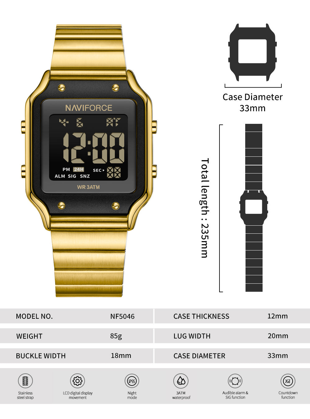 NF5046 Gold&Black Large Screen Business Casual Digital Watch