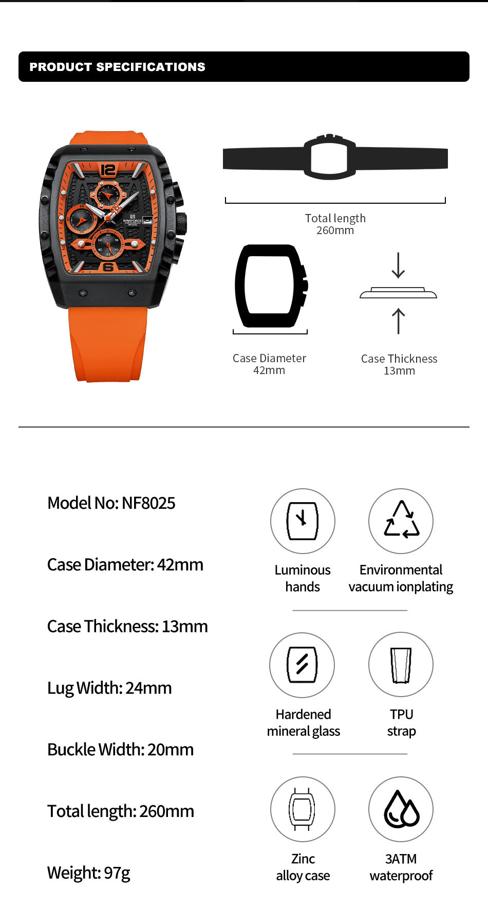 NF8025 Black Orange Chronograph watch for men - NAVIFORCE