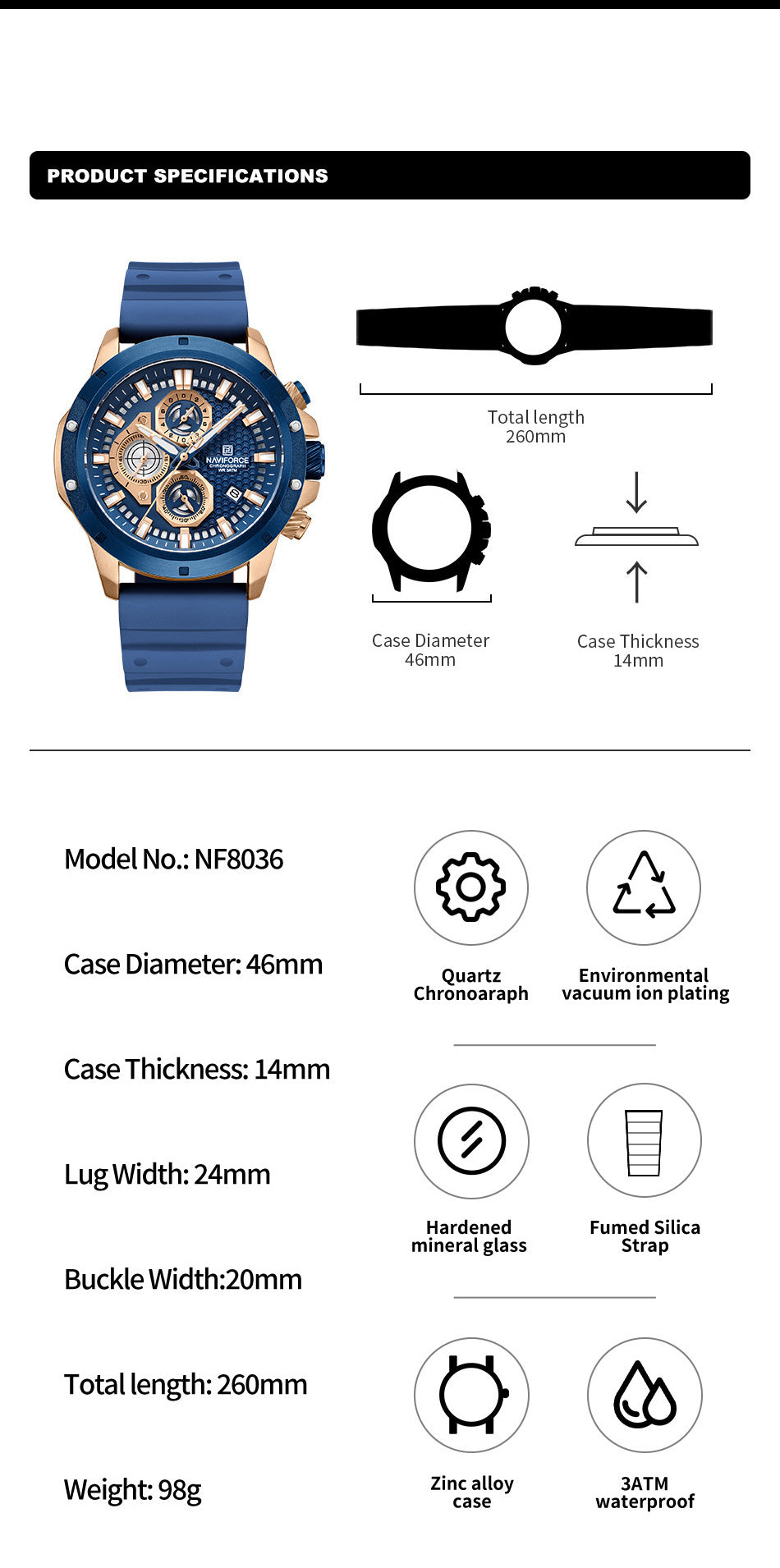 NF8036 Blue Chronograph Date Display Analog watch for men - NAVIFORCE