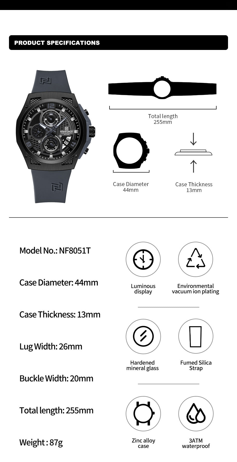 Naviforce NF8051T Grey & Black color silicon strap Analog Watch
