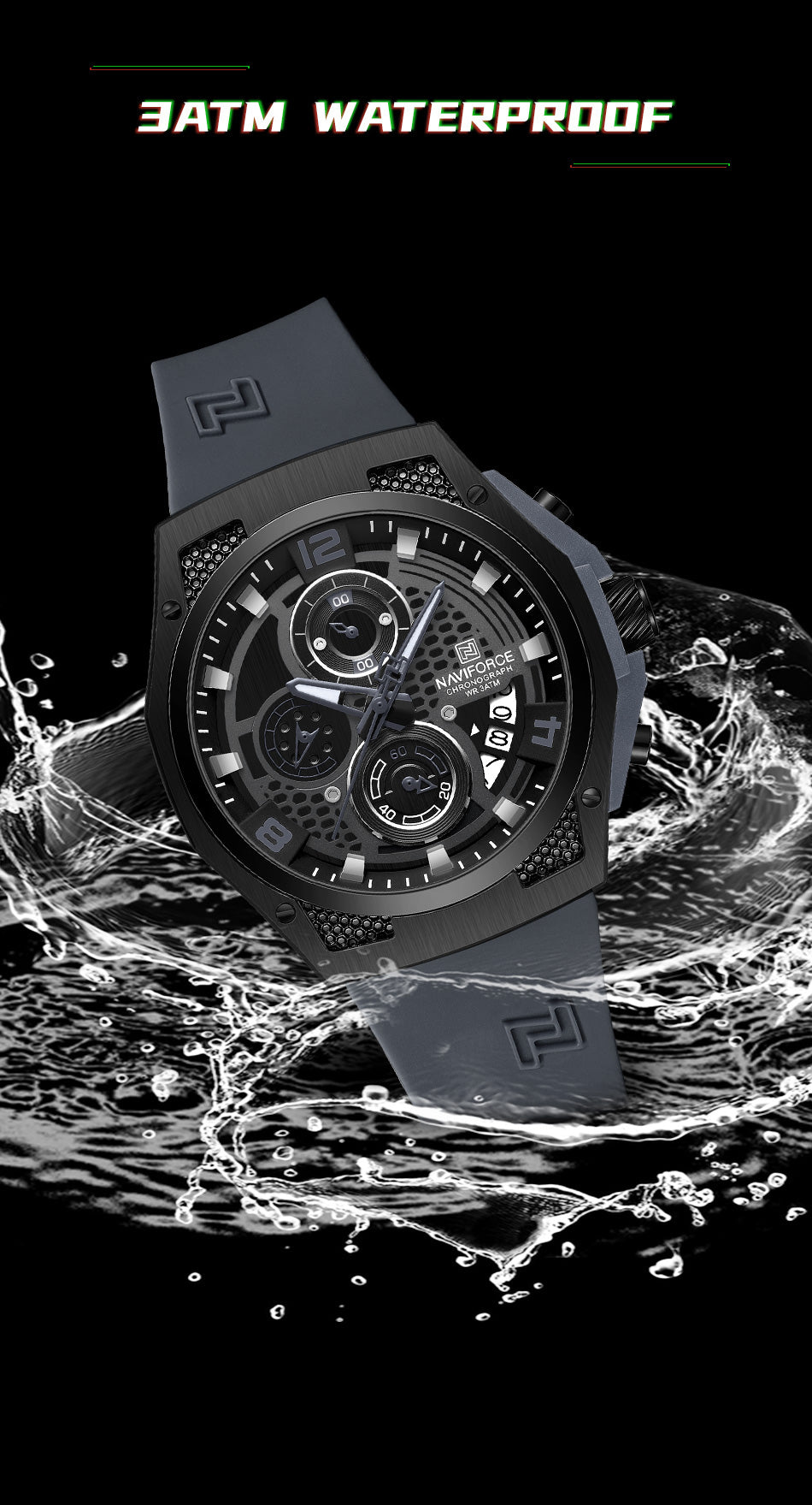 Naviforce NF8051T Grey & Black color silicon strap Analog Watch