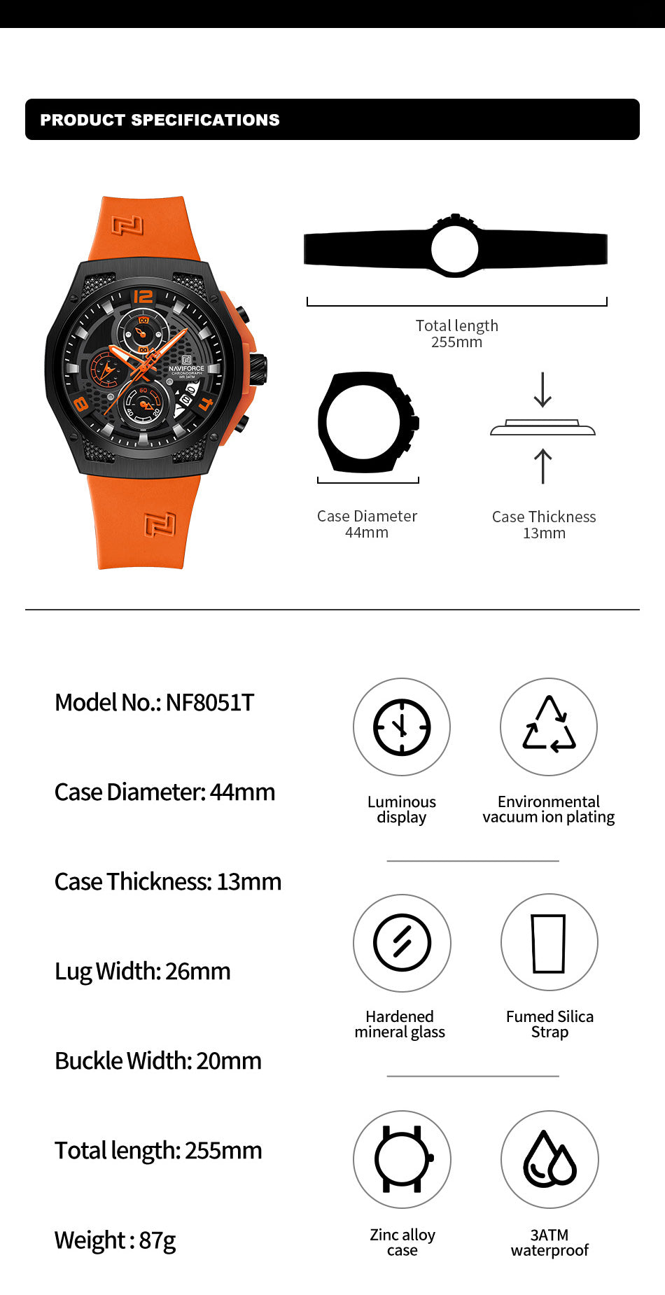 Naviforce NF8051T Orange & Black color silicon strap Analog Watch