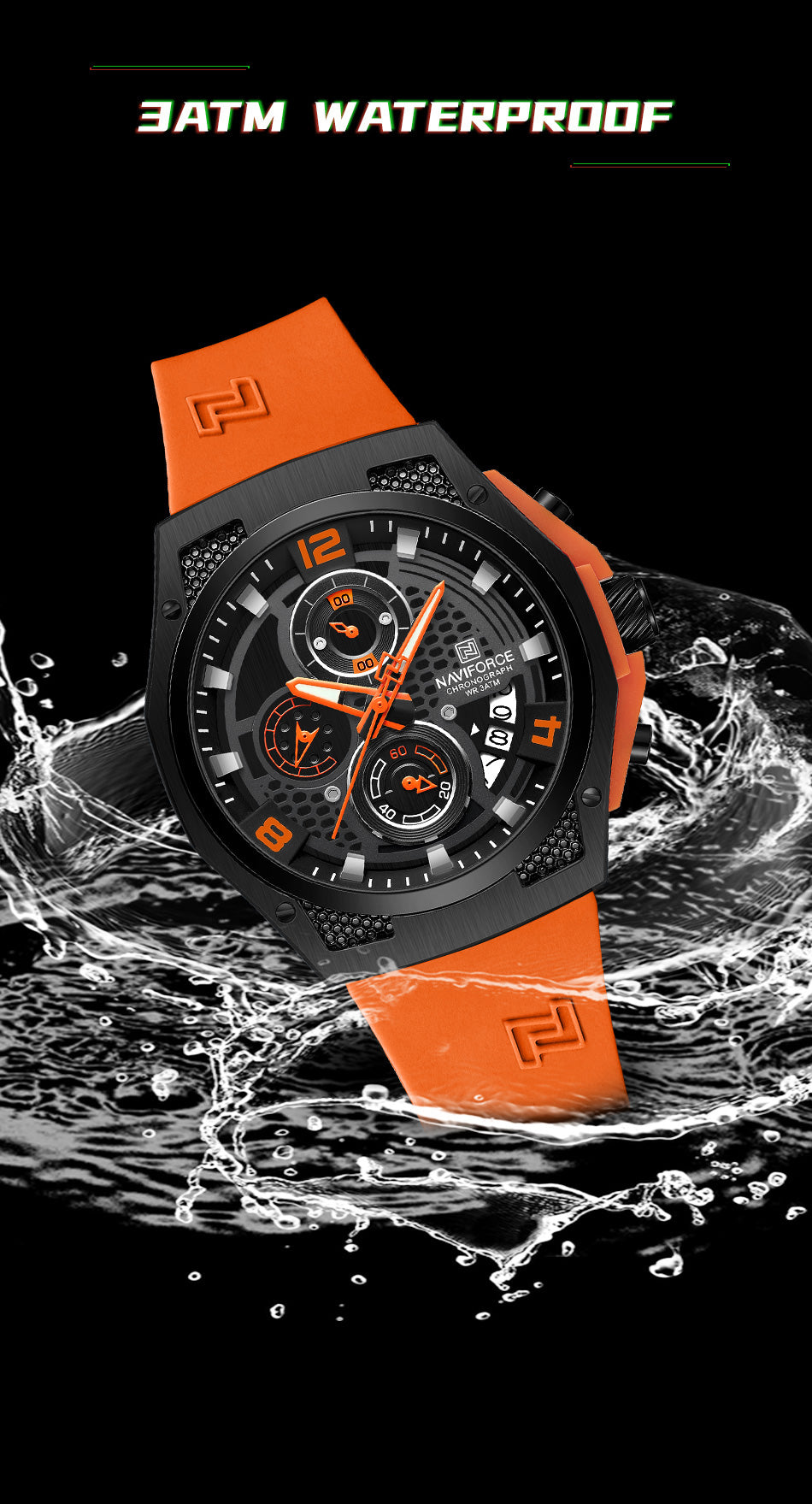 Naviforce NF8051T Orange & Black color silicon strap Analog Watch