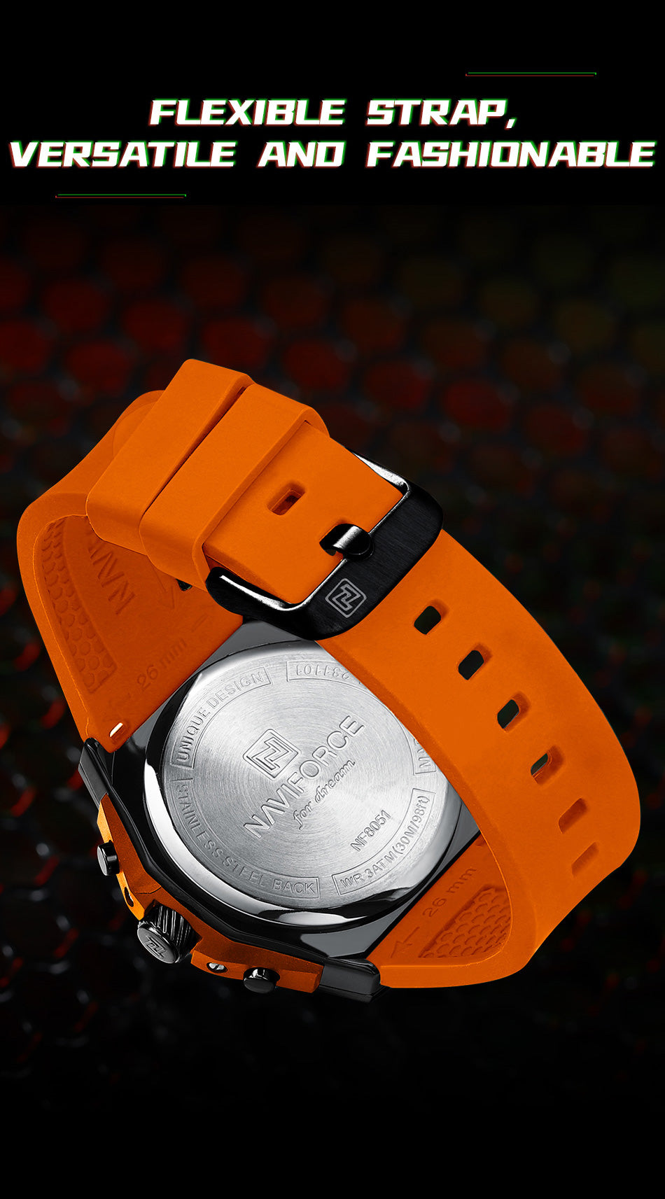 Naviforce NF8051T Orange & Black color silicon strap Analog Watch