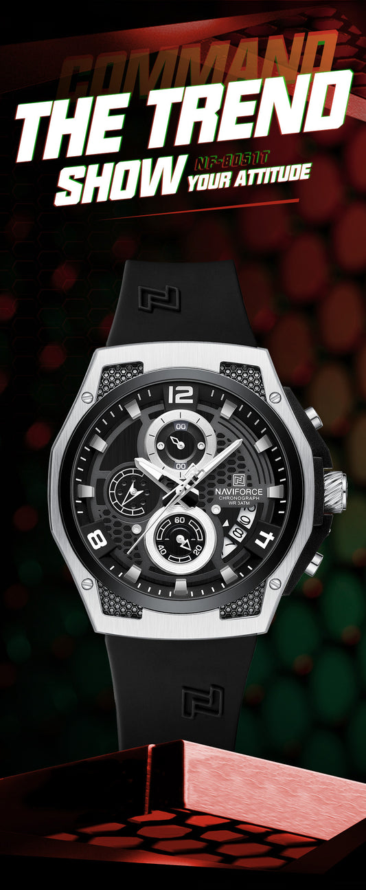 Naviforce NF8051T Silver & Black color silicon strap Analog Watch