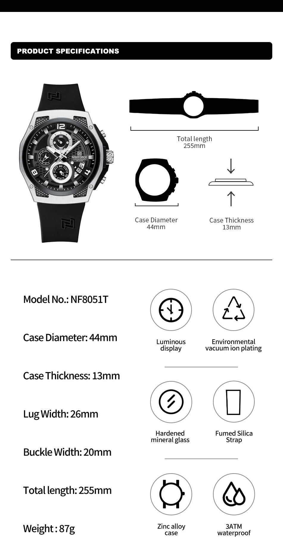 Naviforce NF8051T Silver & Black color silicon strap Analog Watch
