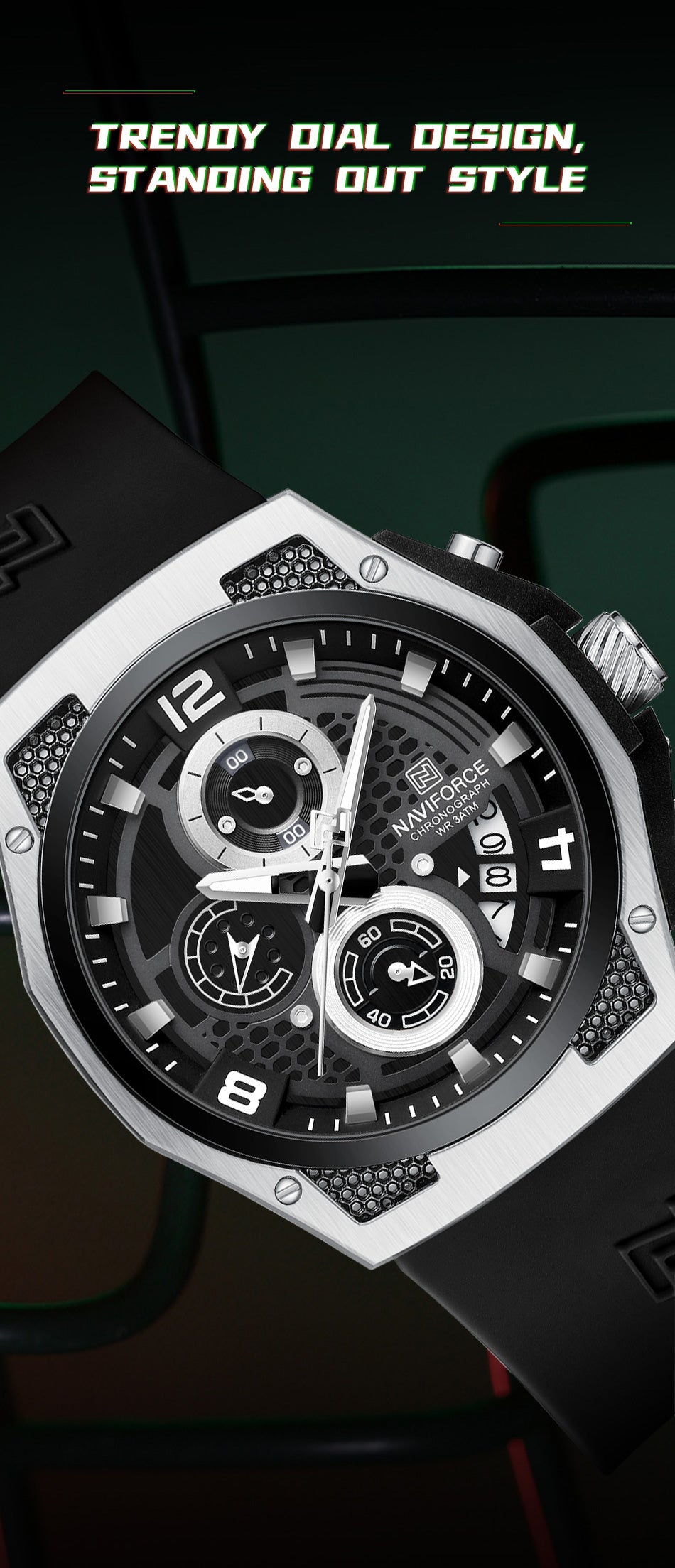 Naviforce NF8051T Silver & Black color silicon strap Analog Watch