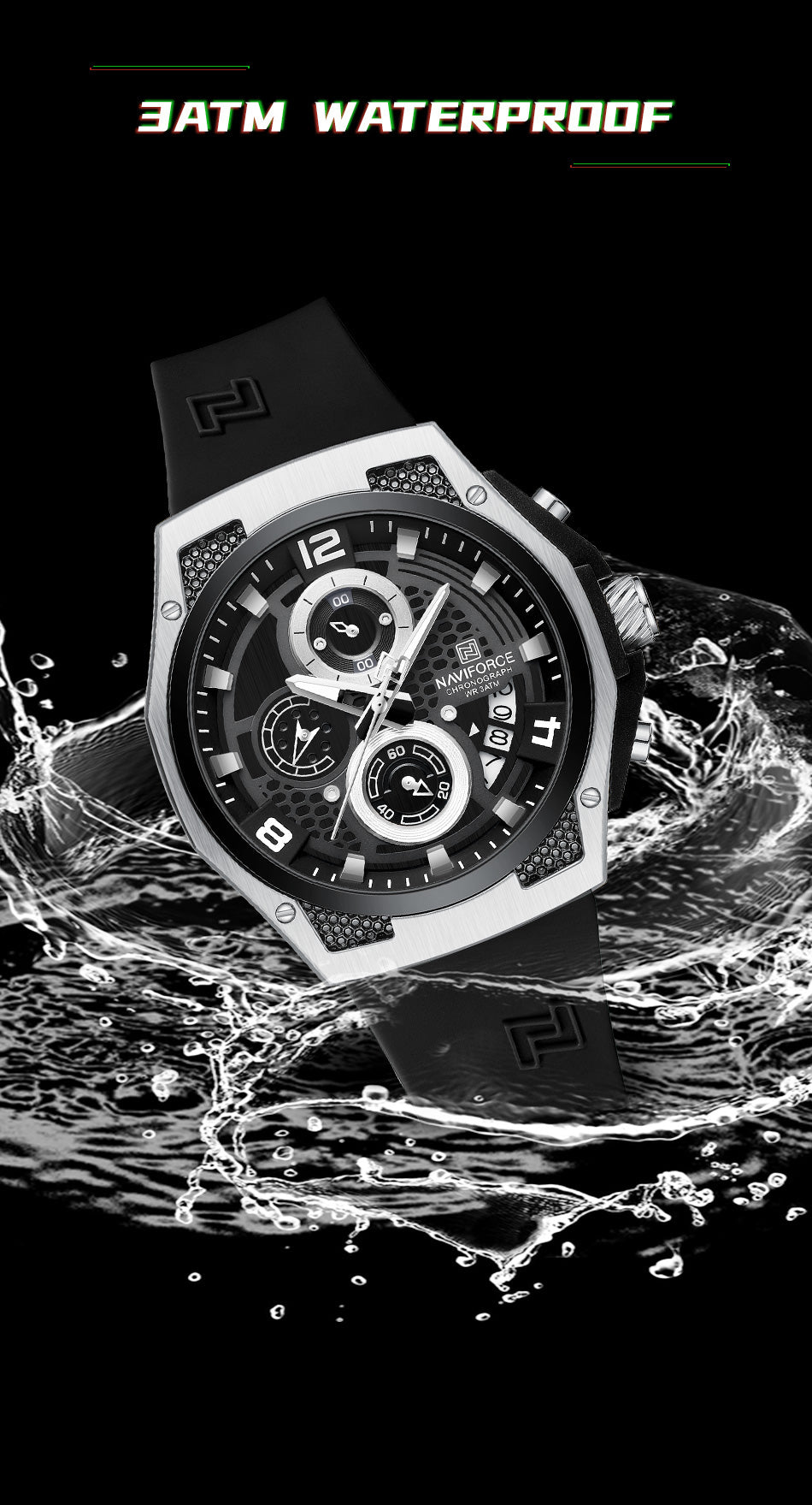 Naviforce NF8051T Silver & Black color silicon strap Analog Watch