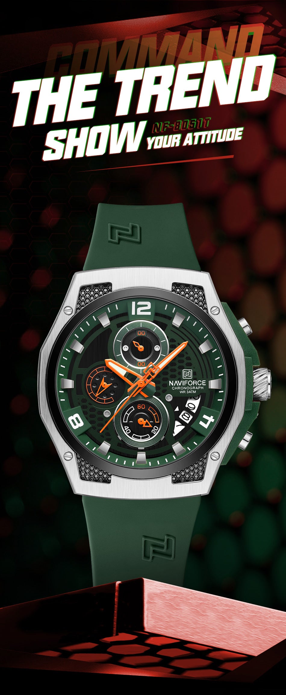 Naviforce NF8051T Green & Silver silicon strap Analog Watch