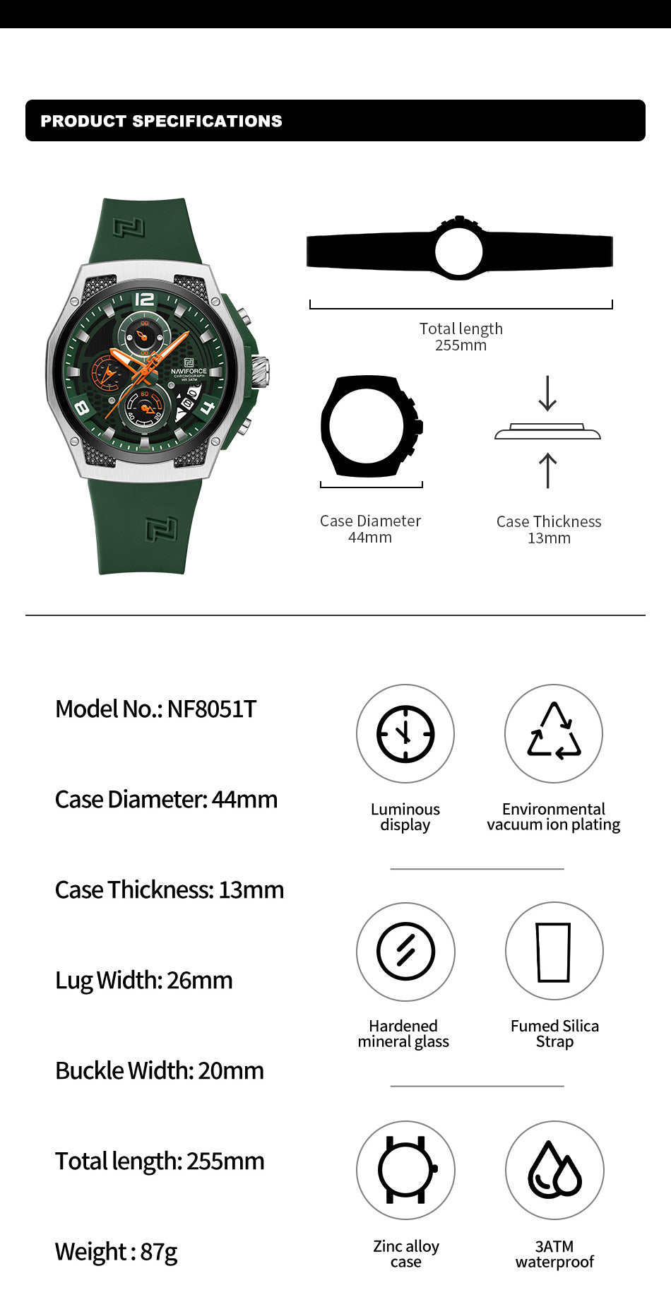 Naviforce NF8051T Green & Silver silicon strap Analog Watch