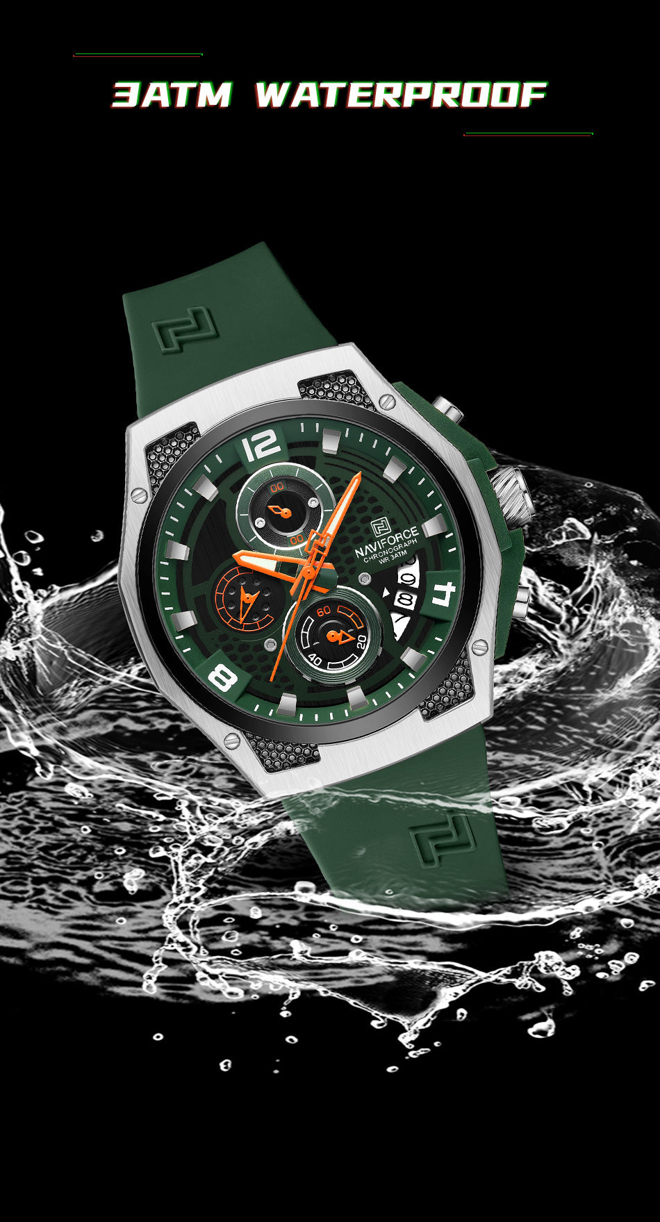 Naviforce NF8051T Green & Silver silicon strap Analog Watch