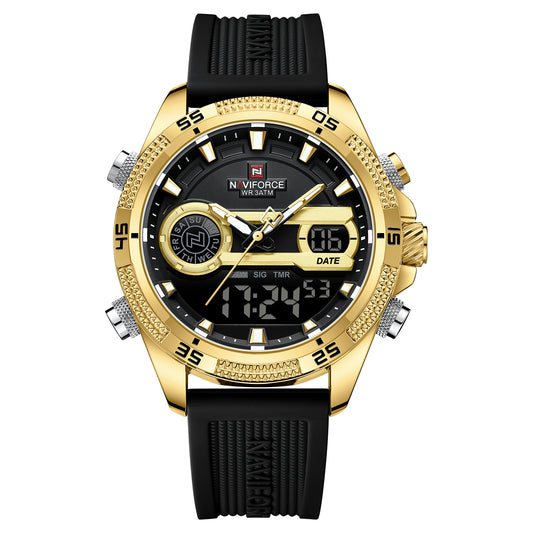NF9223 Black-gold Silicone strap digi-analog mens watch - NAVIFORCE