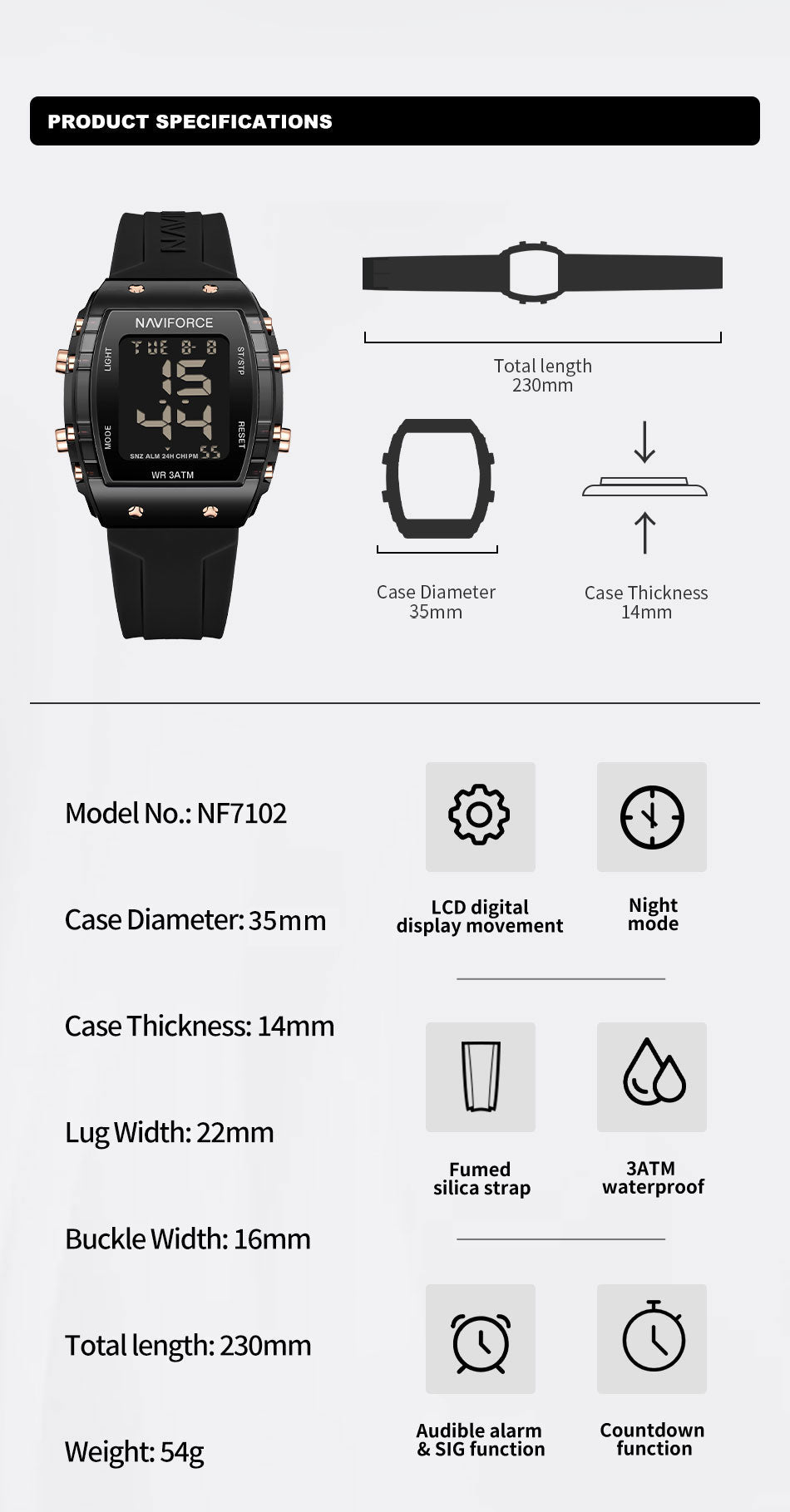 NF7102 Black Silicone Strap Electronic Digital Watch