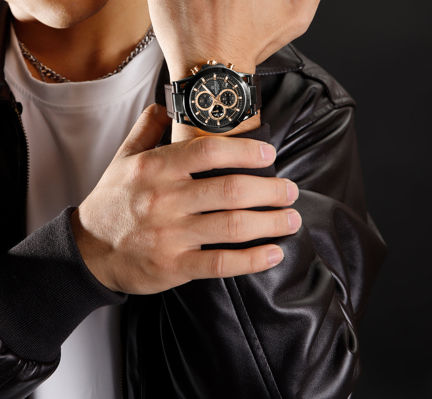 Naviforce NF8073 Unique Brown Genuine Leather Analog Watch