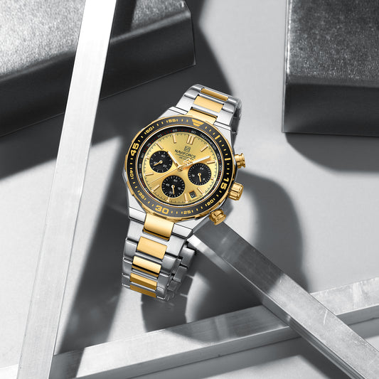 Naviforce NF8049: Silver Gold Multifunction Chrono for Men