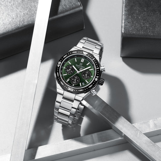 Naviforce NF8049: Silver Green Multifunction Chrono for Men