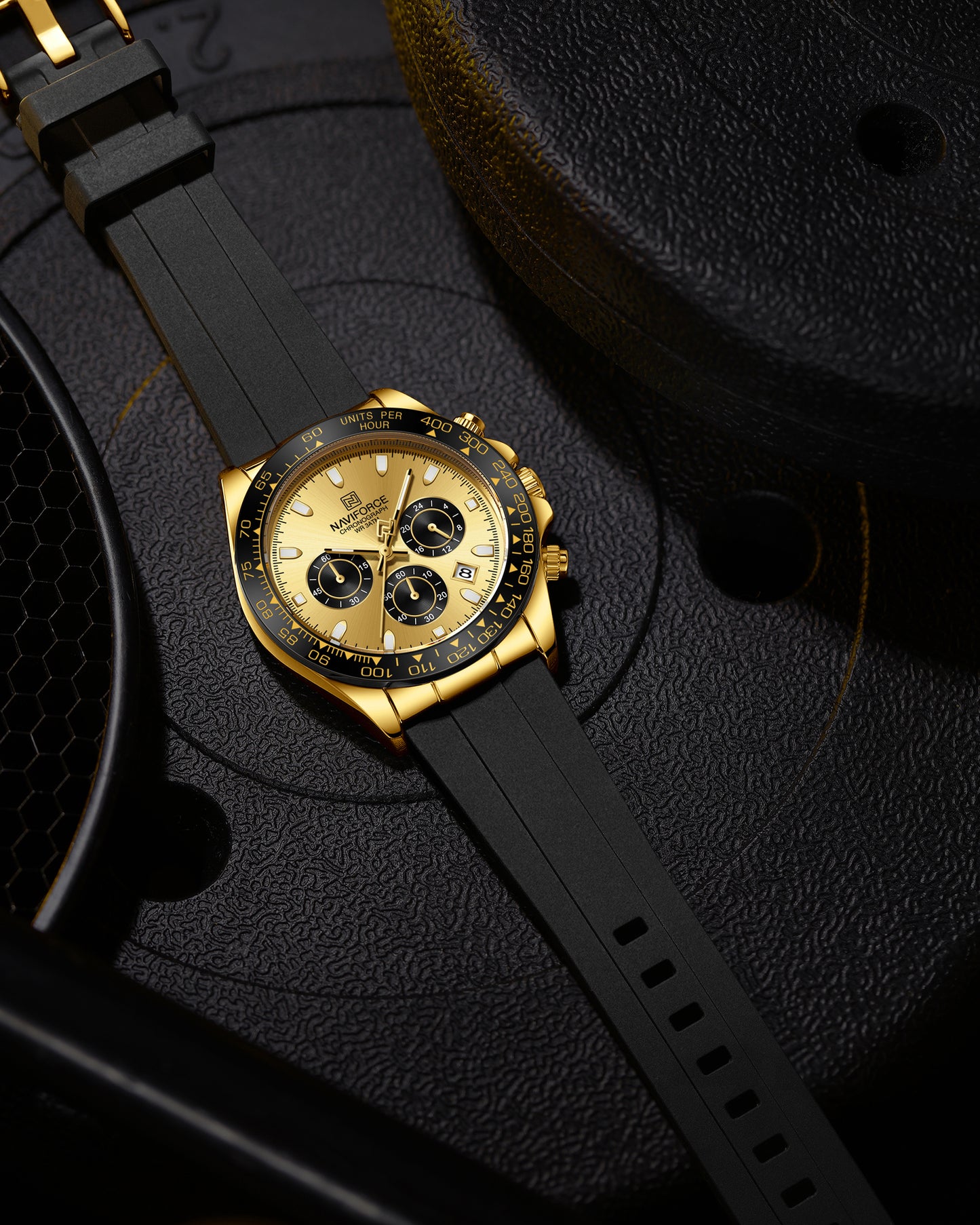 Naviforce NF8054 Gold Dial With Black Silicon Strap Analog watch