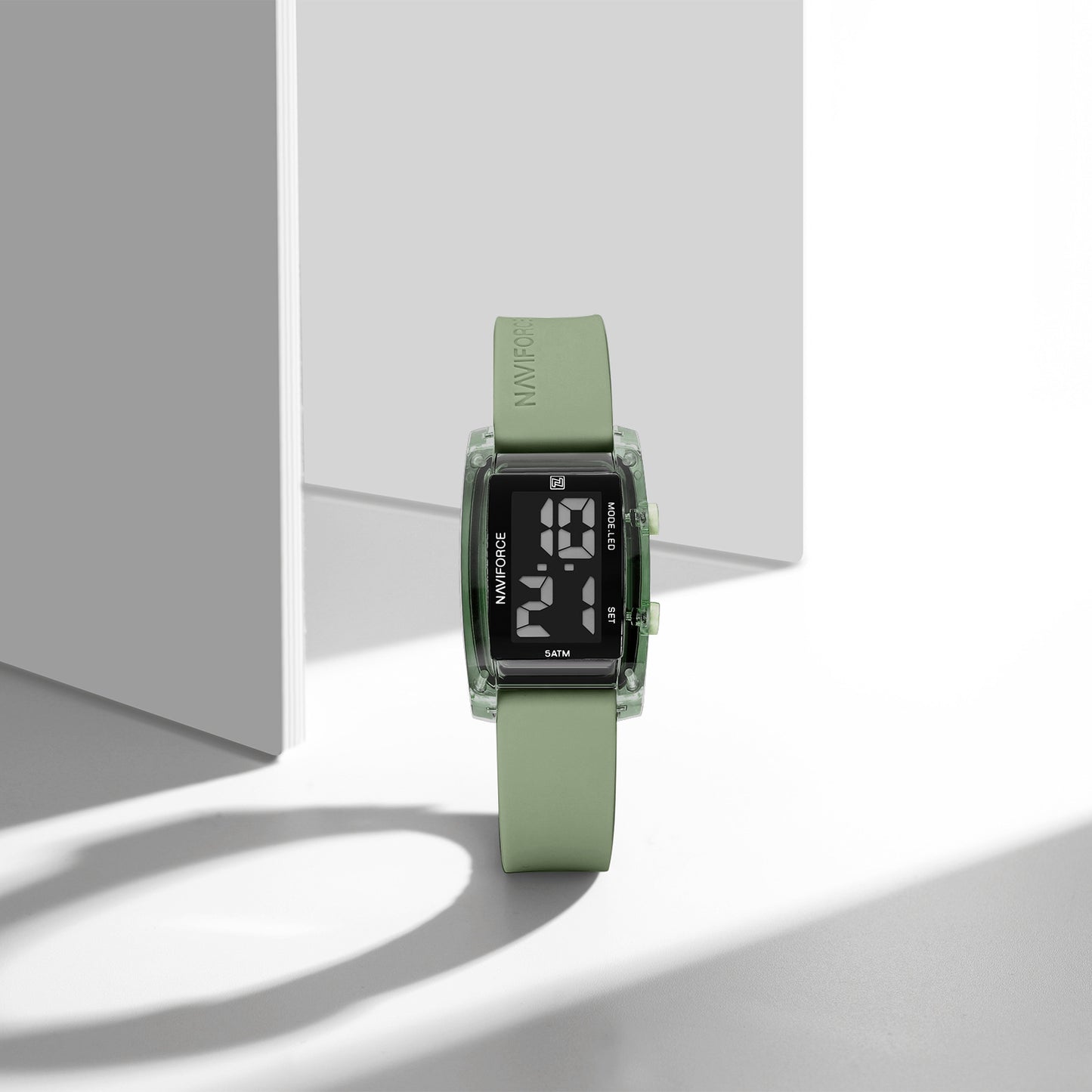 NF7118 Black rectangular dial with Green silicone strap Digital Watch