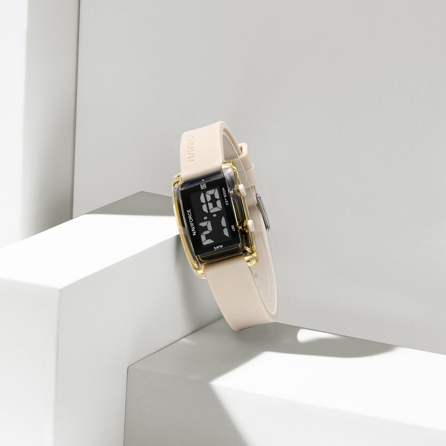 NF7118 Black rectangular dial with Biege silicone strap Digital Watch