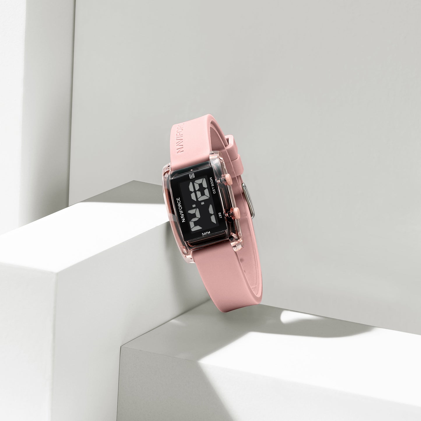 NF7118 Black rectangular dial with Pink silicone strap Digital Watch