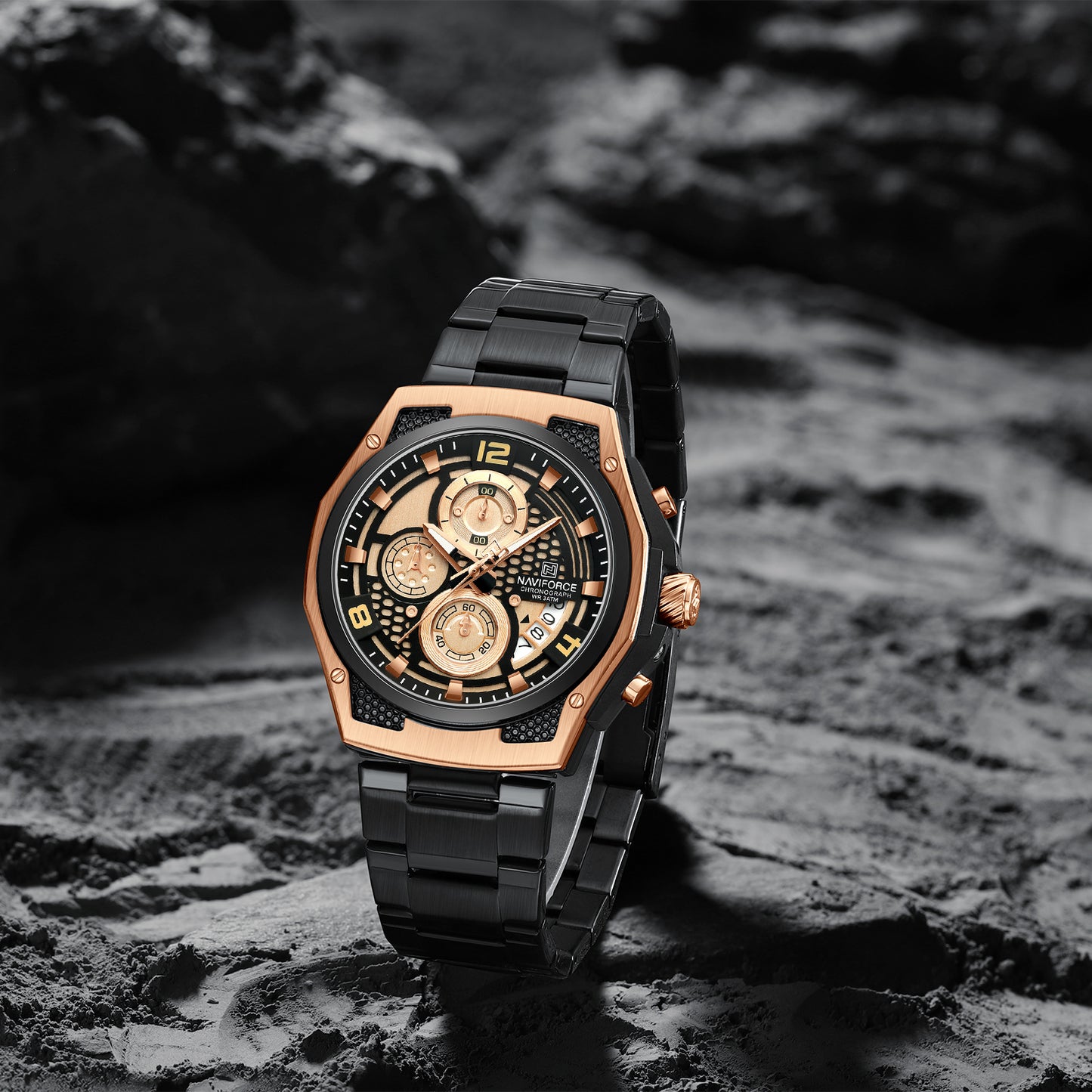 Naviforce NF8051S Elegant Rosegold Black stainless Steel strap Analog Watch