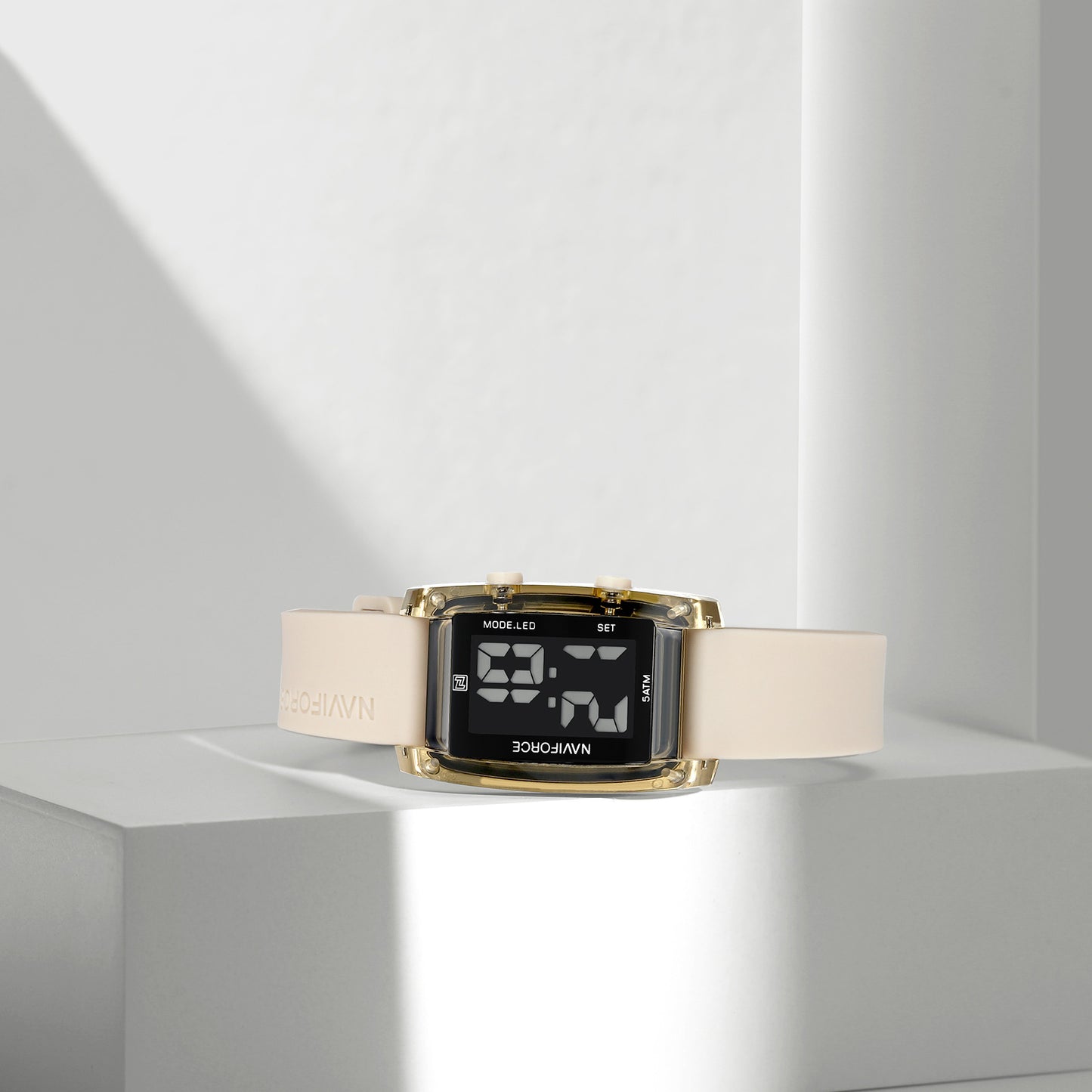 NF7118 Black rectangular dial with Biege silicone strap Digital Watch
