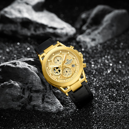 Naviforce NF8073 Unique Gold Dial With Black Leather Analog Watch