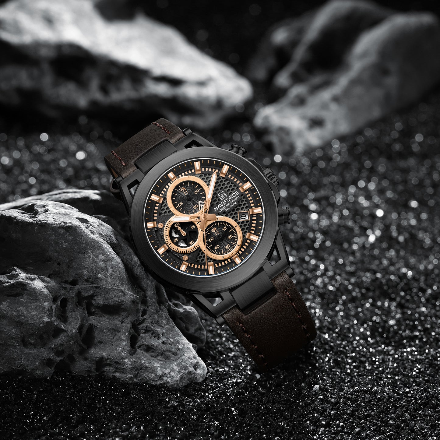 Naviforce NF8073 Unique Brown Genuine Leather Analog Watch