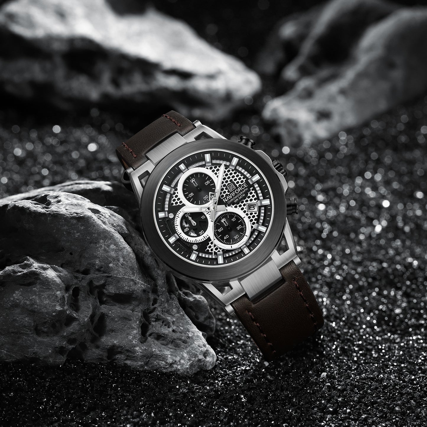 Naviforce NF8073 Unique Silver-Brown Genuine Leather Analog Watch