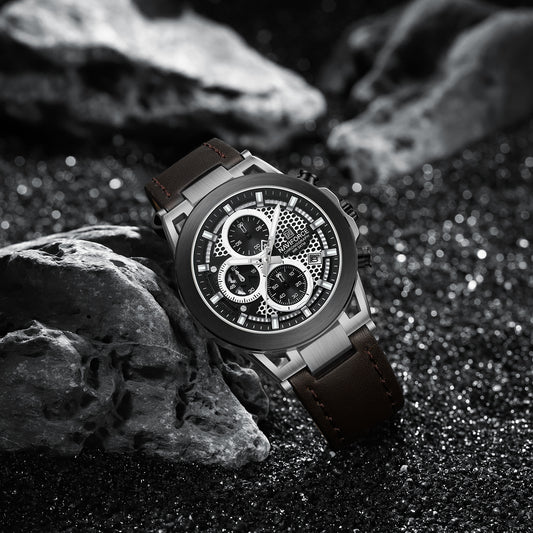 Naviforce NF8073 Unique Silver-Brown Genuine Leather Analog Watch