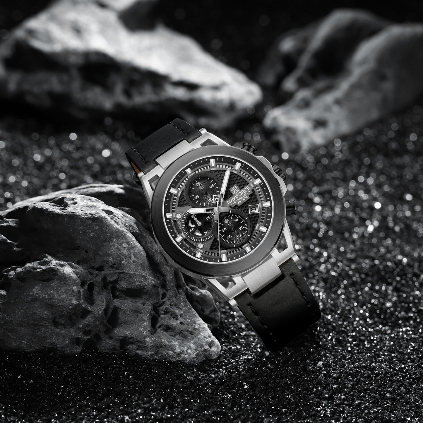 Naviforce NF8073 Unique Silver-Black Genuine Leather Analog Watch