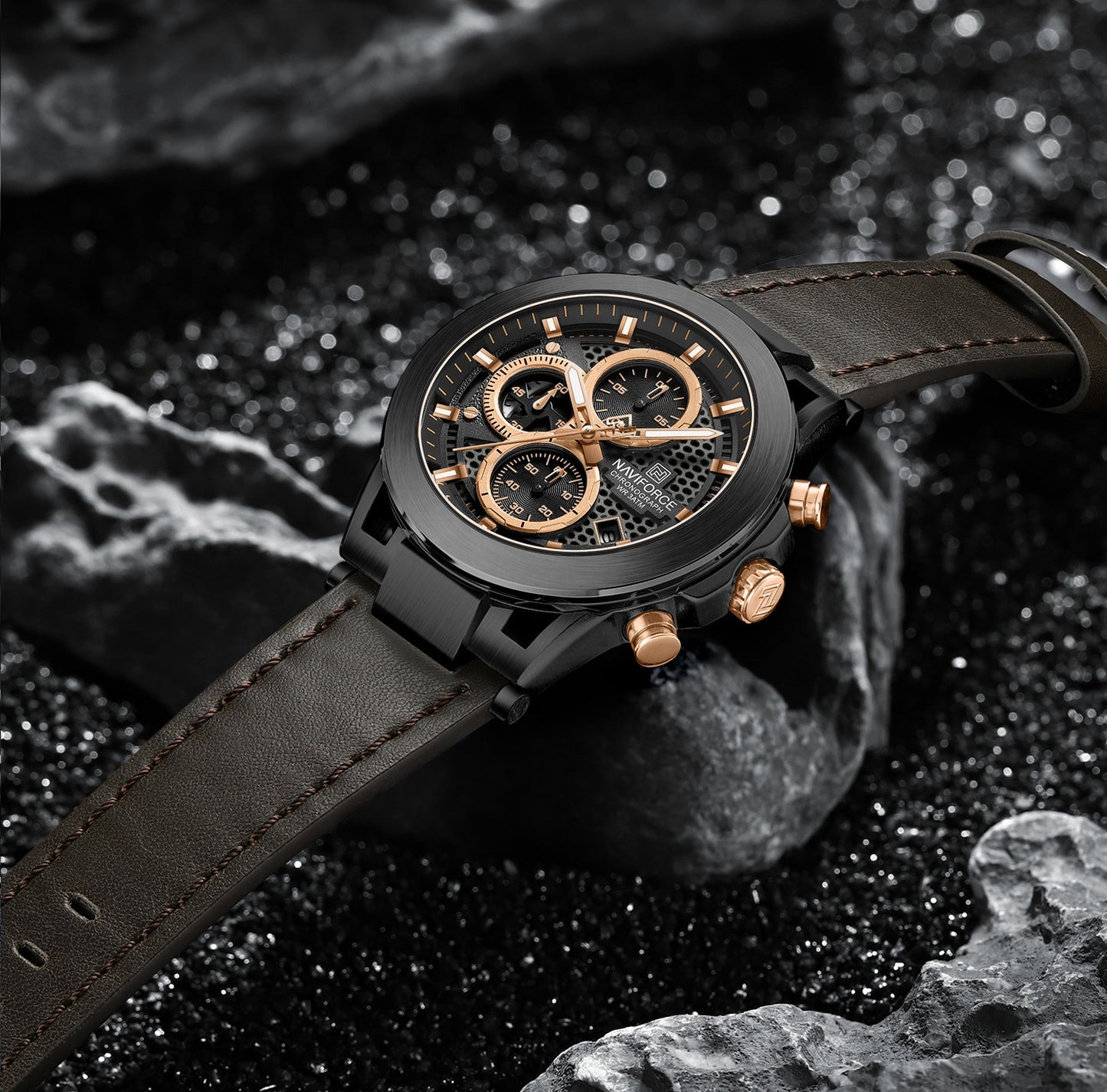 Naviforce NF8073 Unique Brown Genuine Leather Analog Watch
