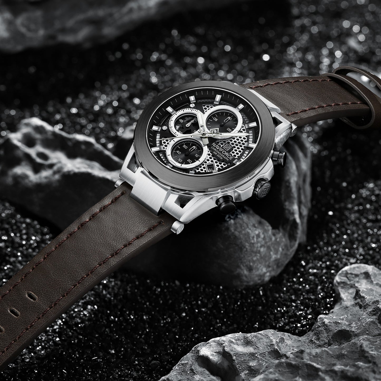 Naviforce NF8073 Unique Silver-Brown Genuine Leather Analog Watch