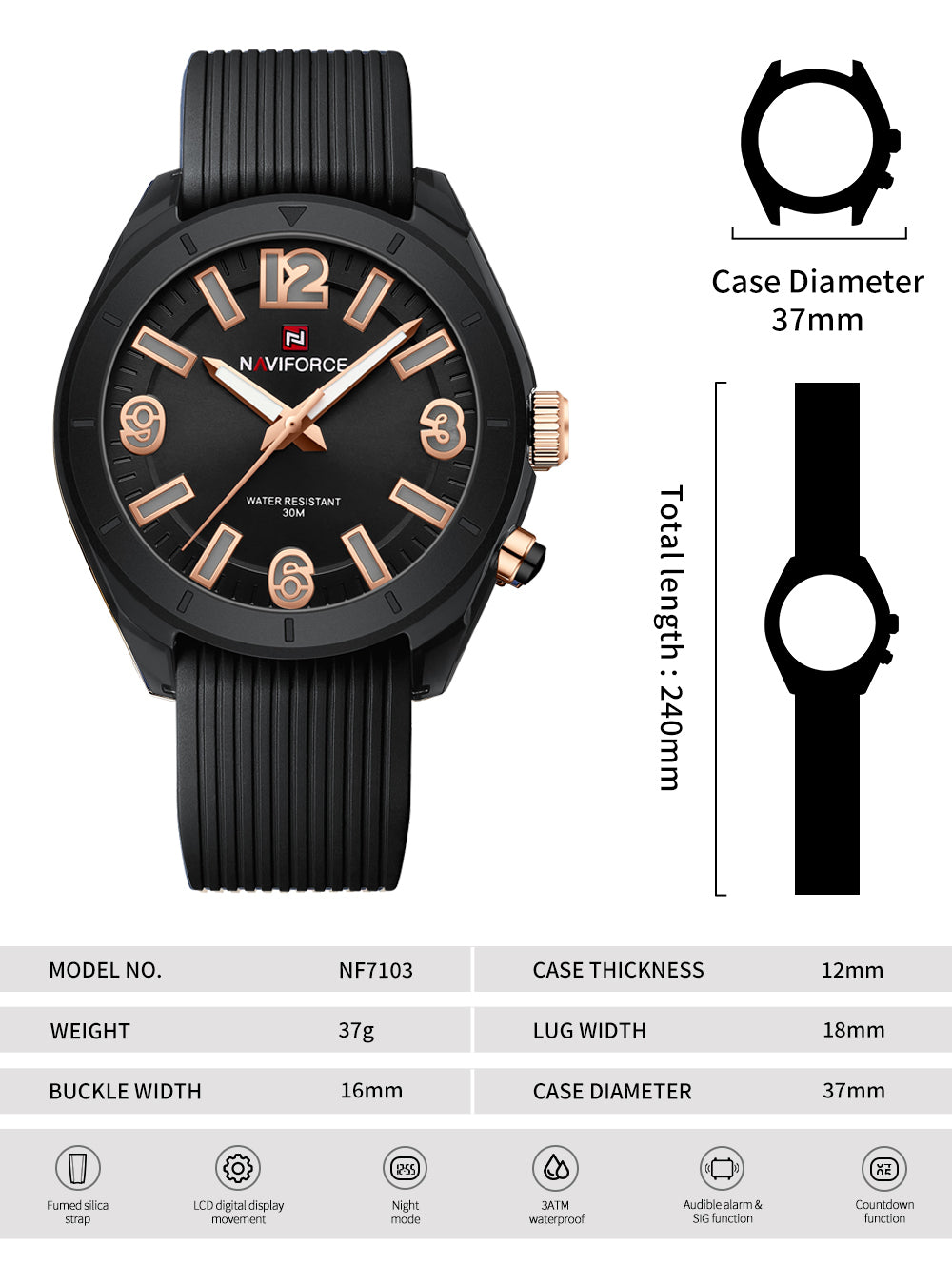 NF7103 Black stylish and attractive silicone strap Analog Watch