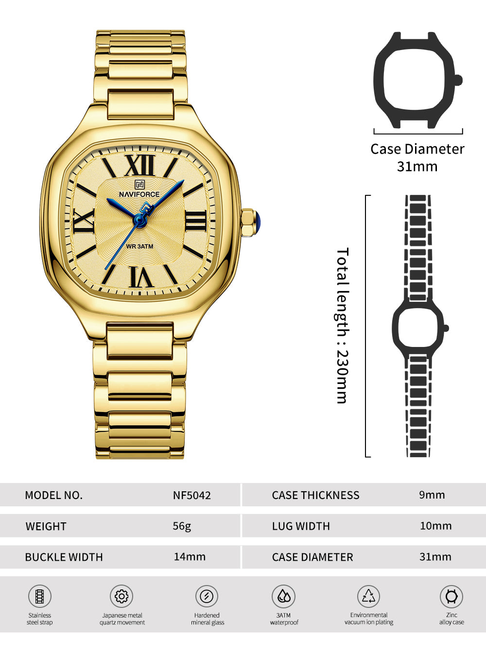 NF5042 Gold Square dial Analog Watch