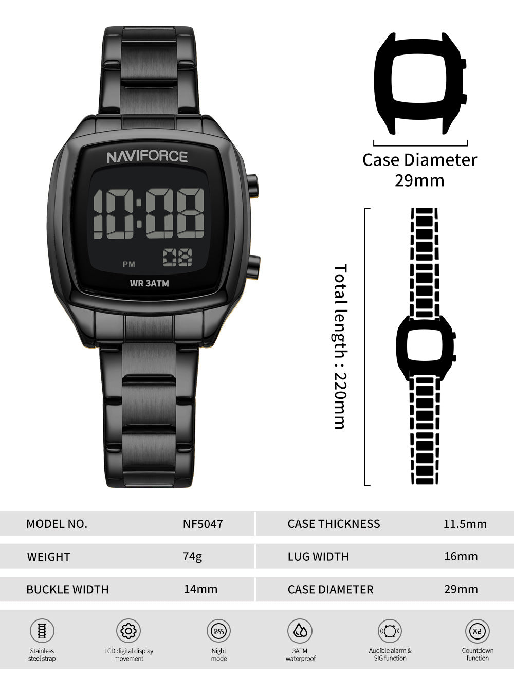 NF5047 All Black Versatile Trendy Square Digital Watch