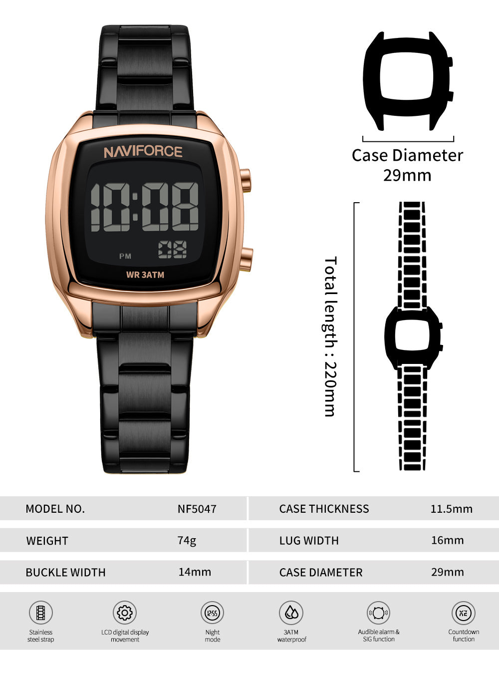 NF5047 Rosegold&Black Versatile Trendy Square Digital Watch