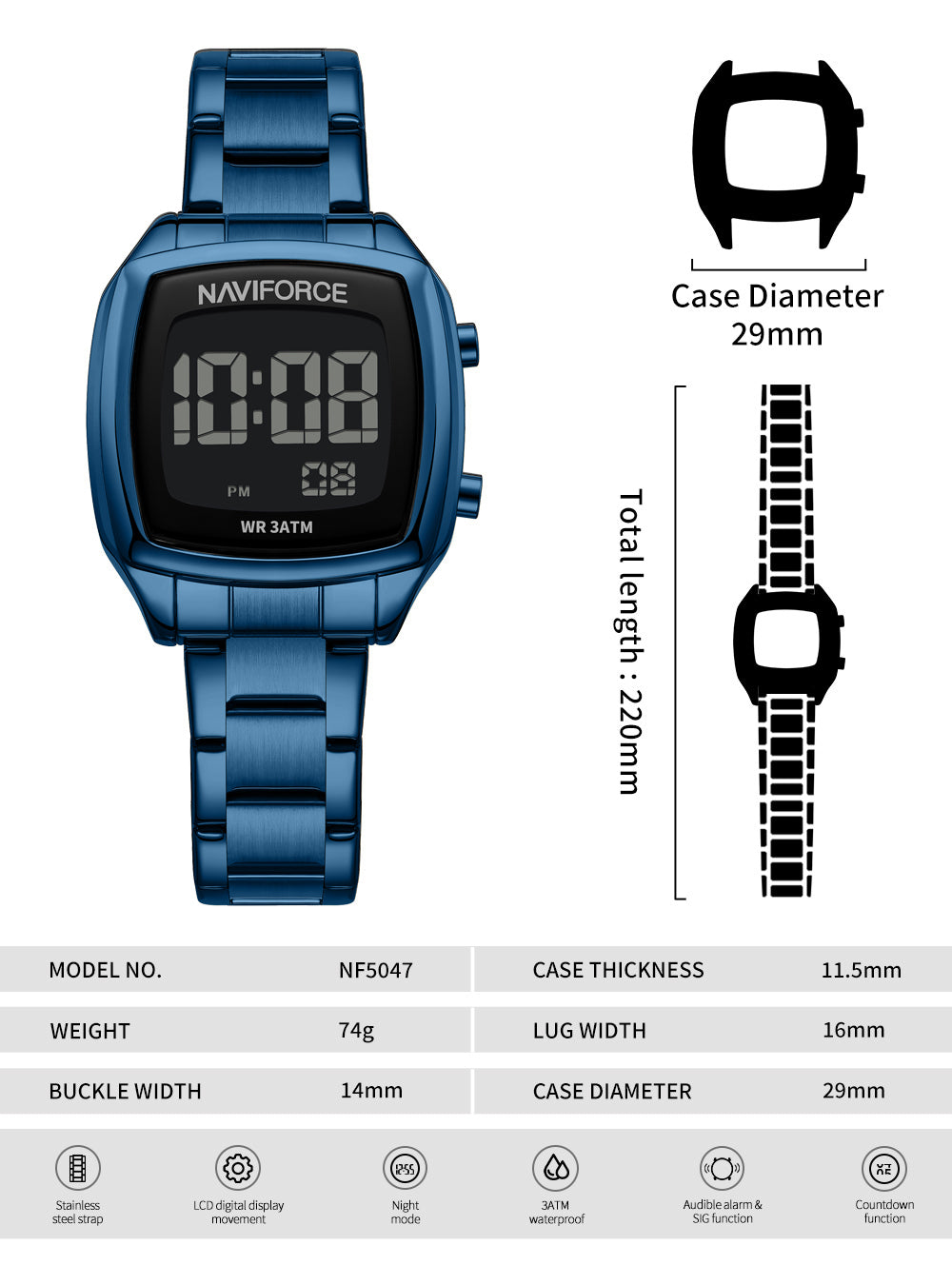 NF5047 All Blue Versatile Trendy Square Digital Watch