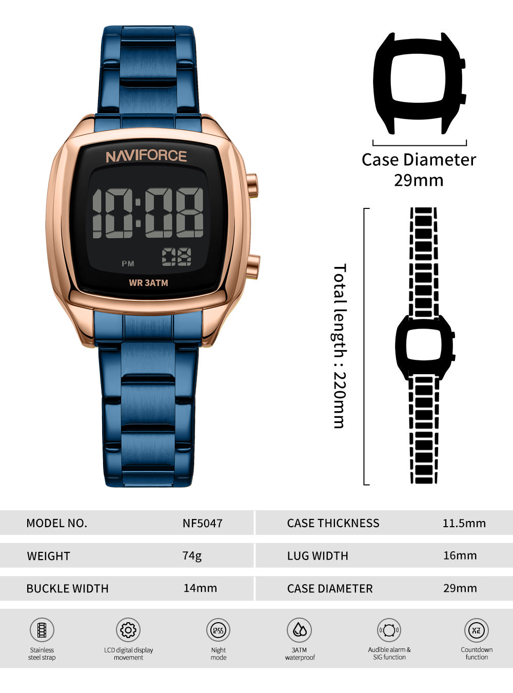 NF5047 Rosegold&Blue Versatile Trendy Square Digital Watch