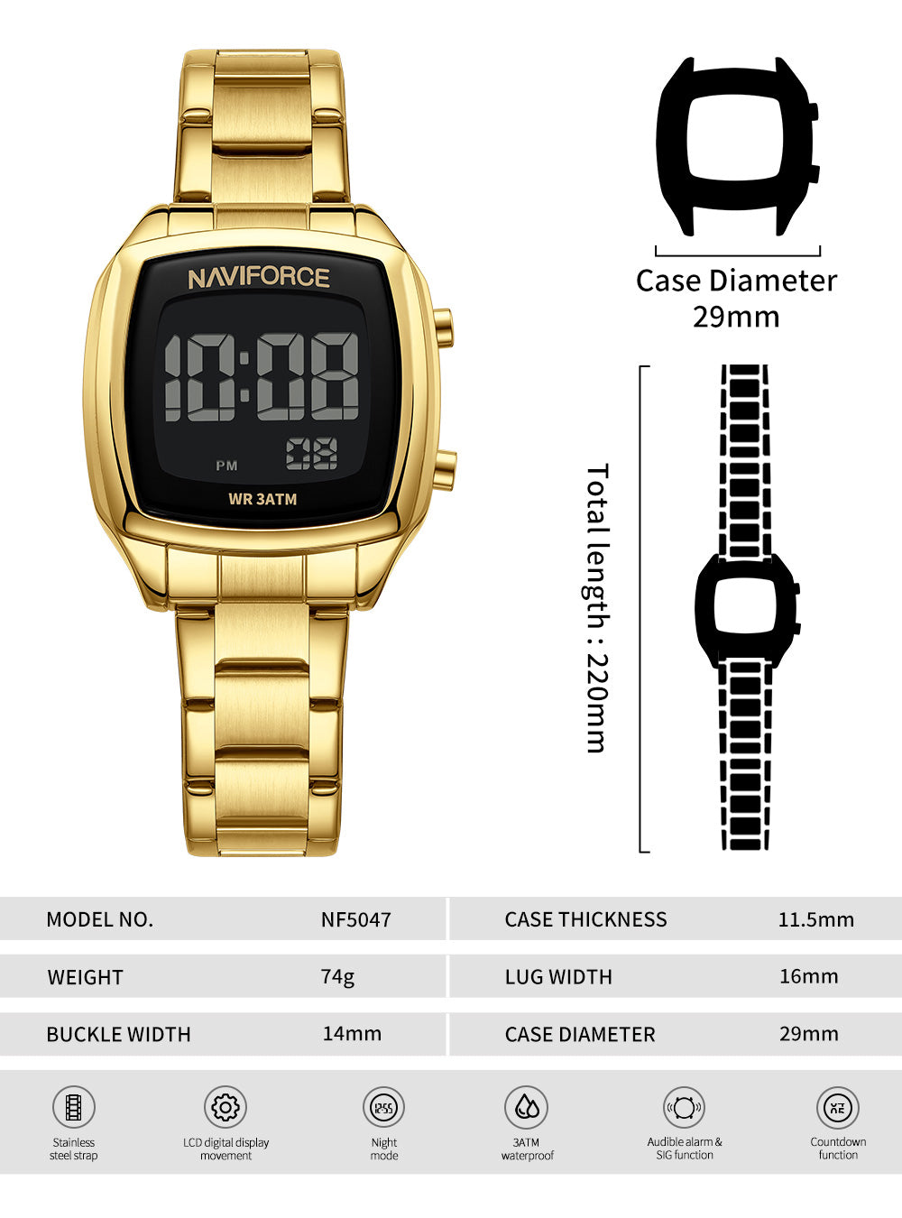 NF5047 All Gold Versatile Trendy Square Digital Watch