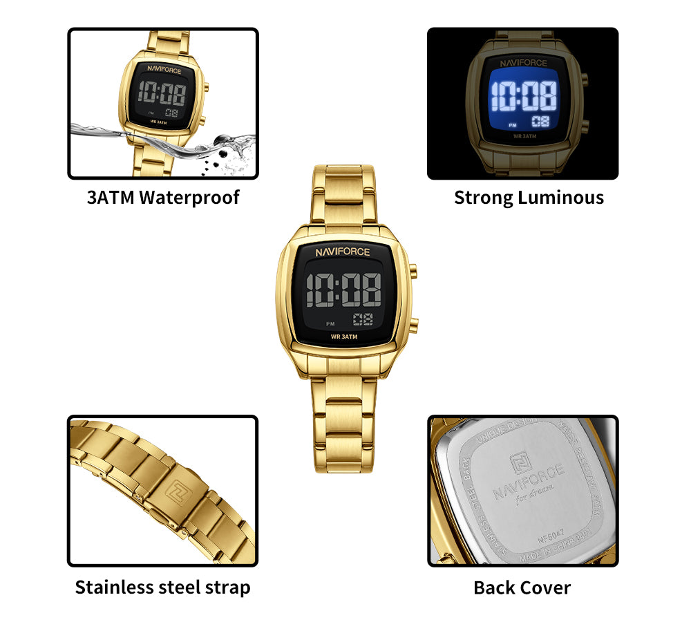 NF5047 All Gold Versatile Trendy Square Digital Watch