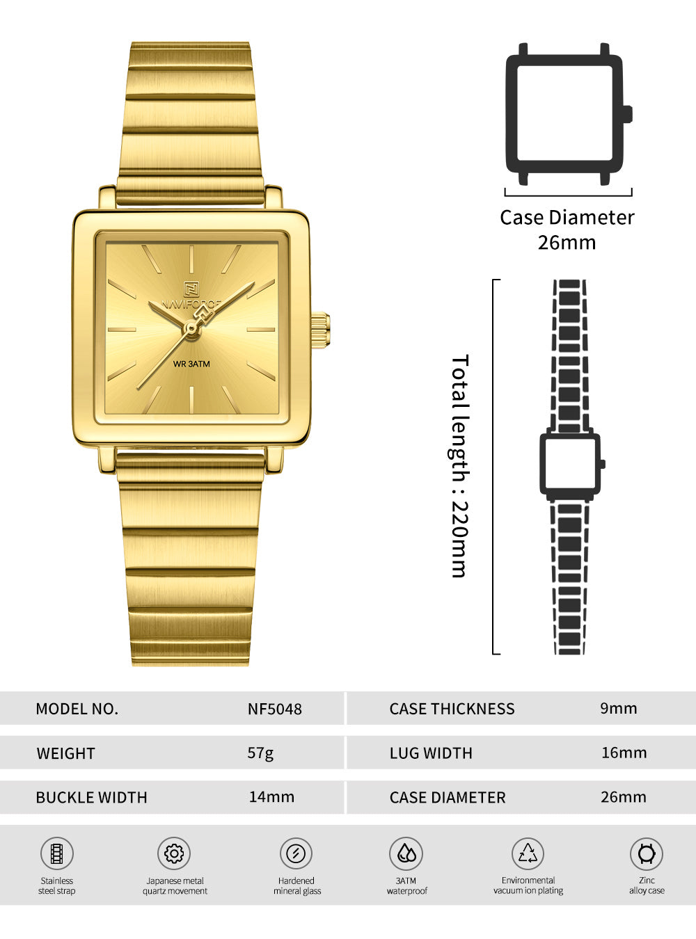 NF5048 Modern Gold square dial Analog Watch
