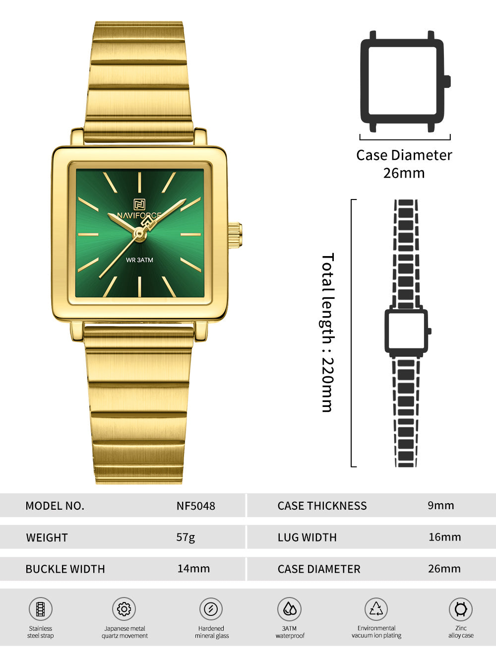 NF5048 Modern Green square dial Analog Watch