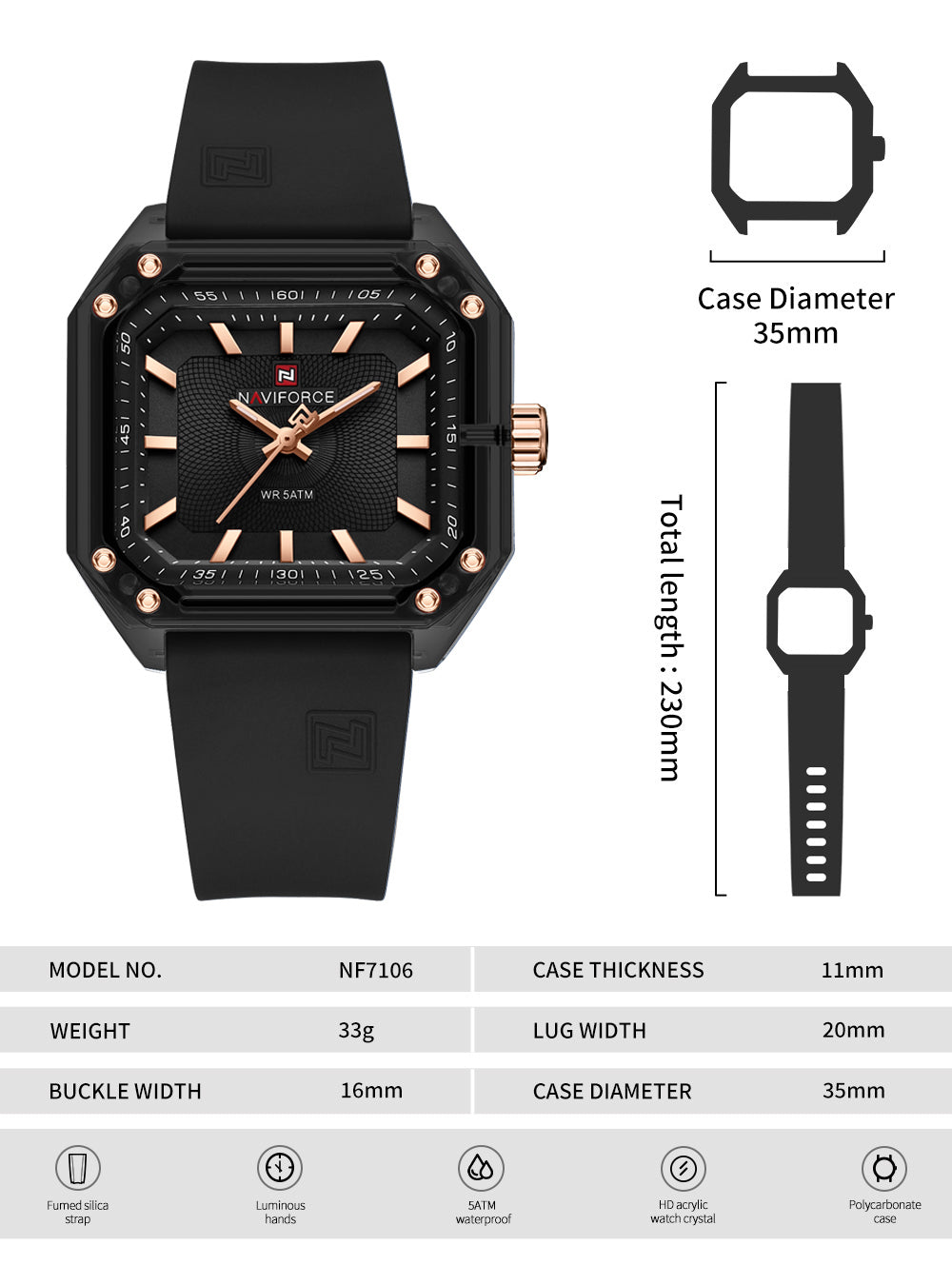 NF7106 Black Silicone strap Analog Watch