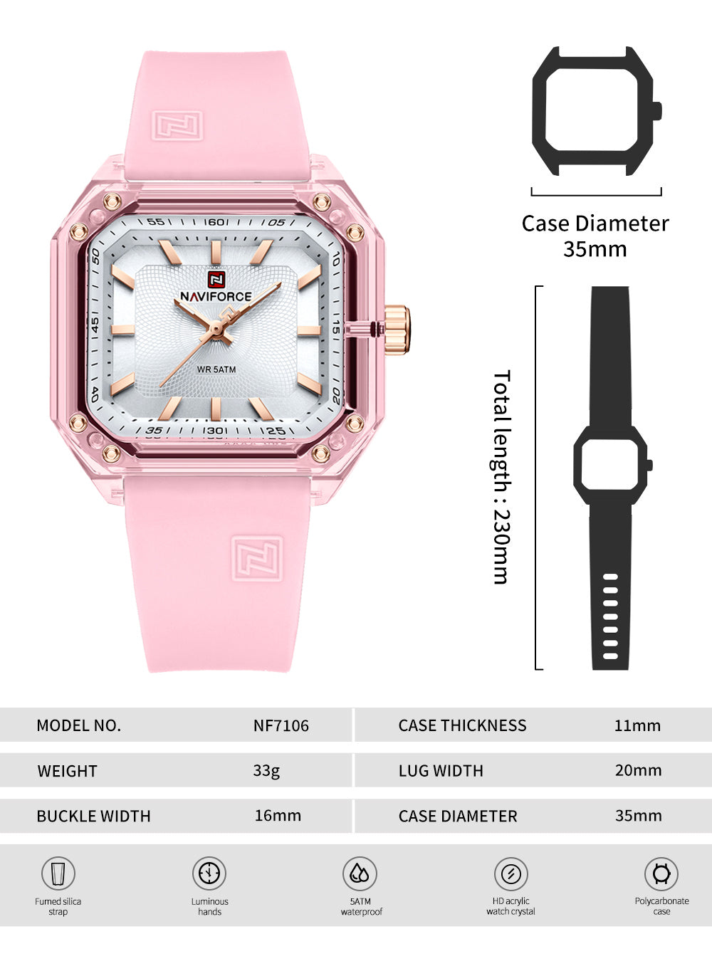 NF7106 Pink Silicone strap Analog Watch
