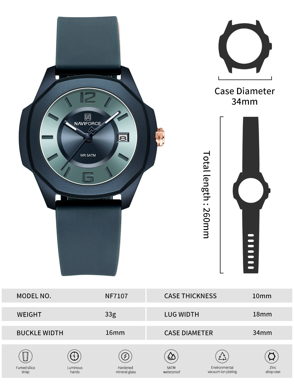 NF7107 Blue Silicon Strap luminous hands Analog Watch