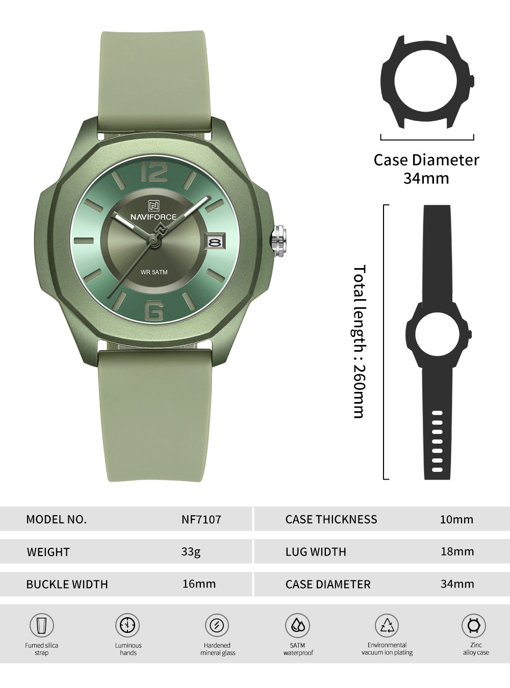NF7107 Green Silicon Strap luminous hands Analog Watch